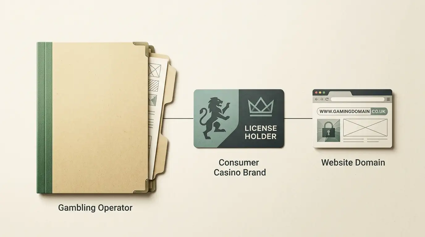 Relationship between an operating company, casino brand and website domain