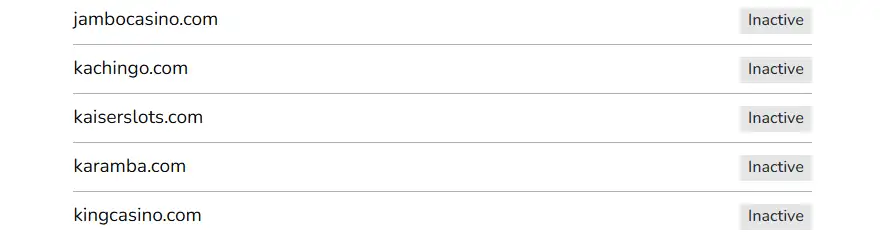 Gambling Commission register row showing kachingo.com as inactive