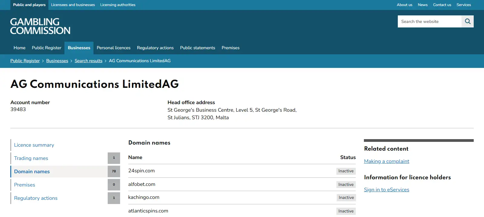 Gambling Commission domain-name table showing kachingo.com as inactive