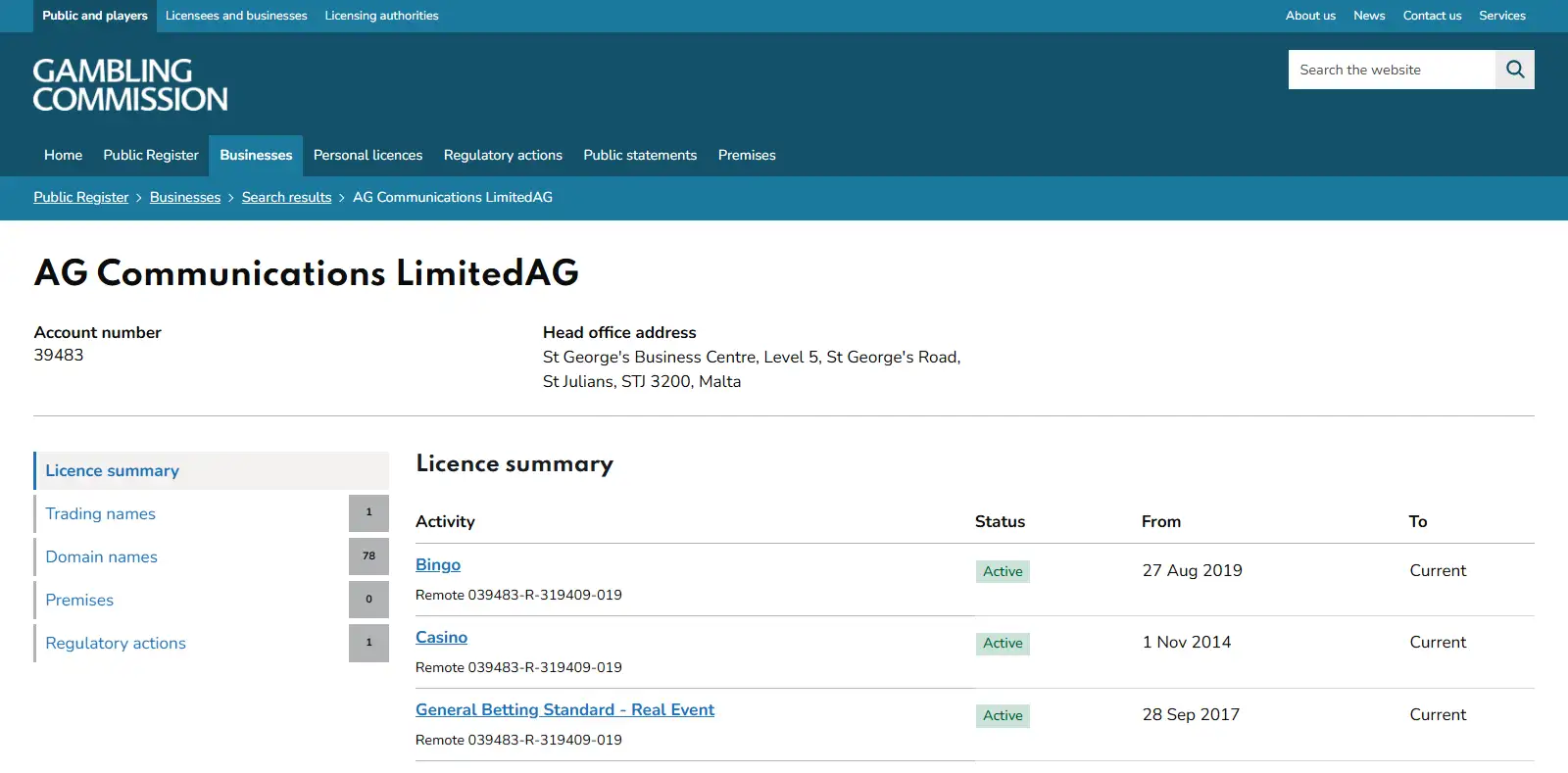 Gambling Commission public register for AG Communications Limited