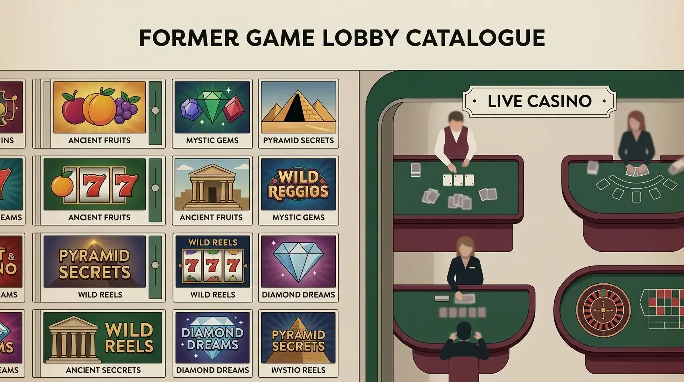 Former casino games shown as slot tiles and table-game areas